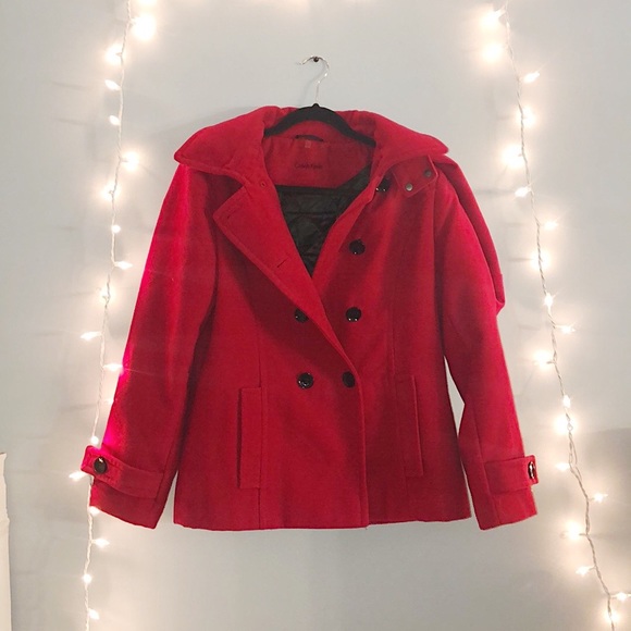 Calvin Klein | Jackets & Coats | Calvin Klein Red Pea Coat | Poshmark